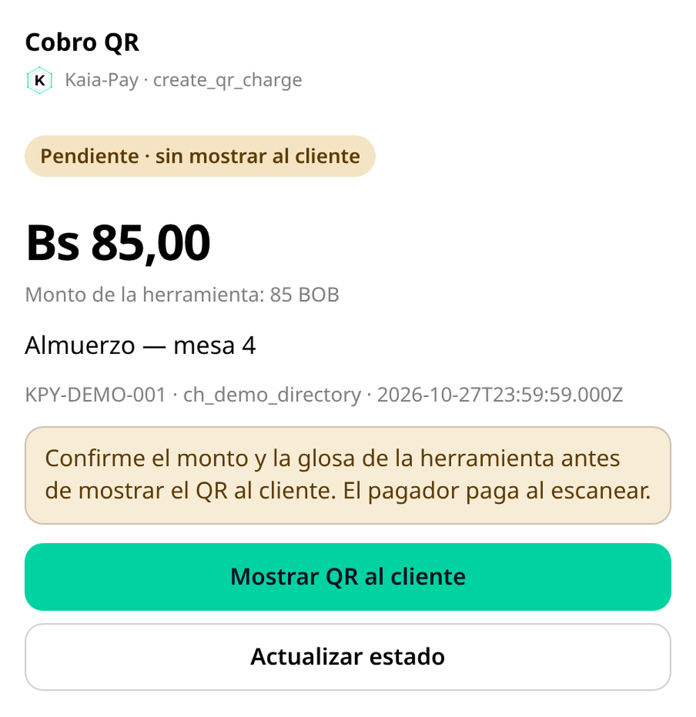 Agente pidiendo confirmar el monto de Bs 85 antes de generar el QR