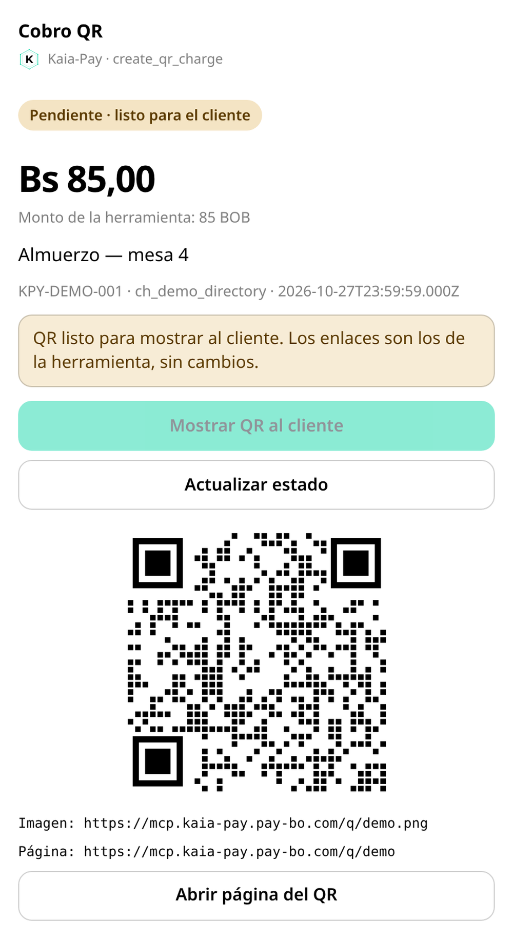 Código QR de cobro visible para que el cliente pague