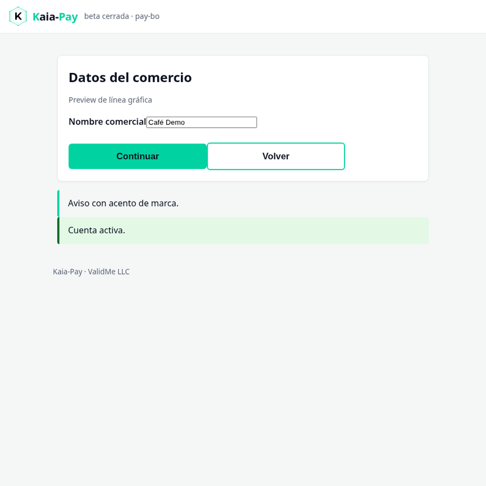 Pantalla de onboarding para conectar un comercio a Kaia-Pay