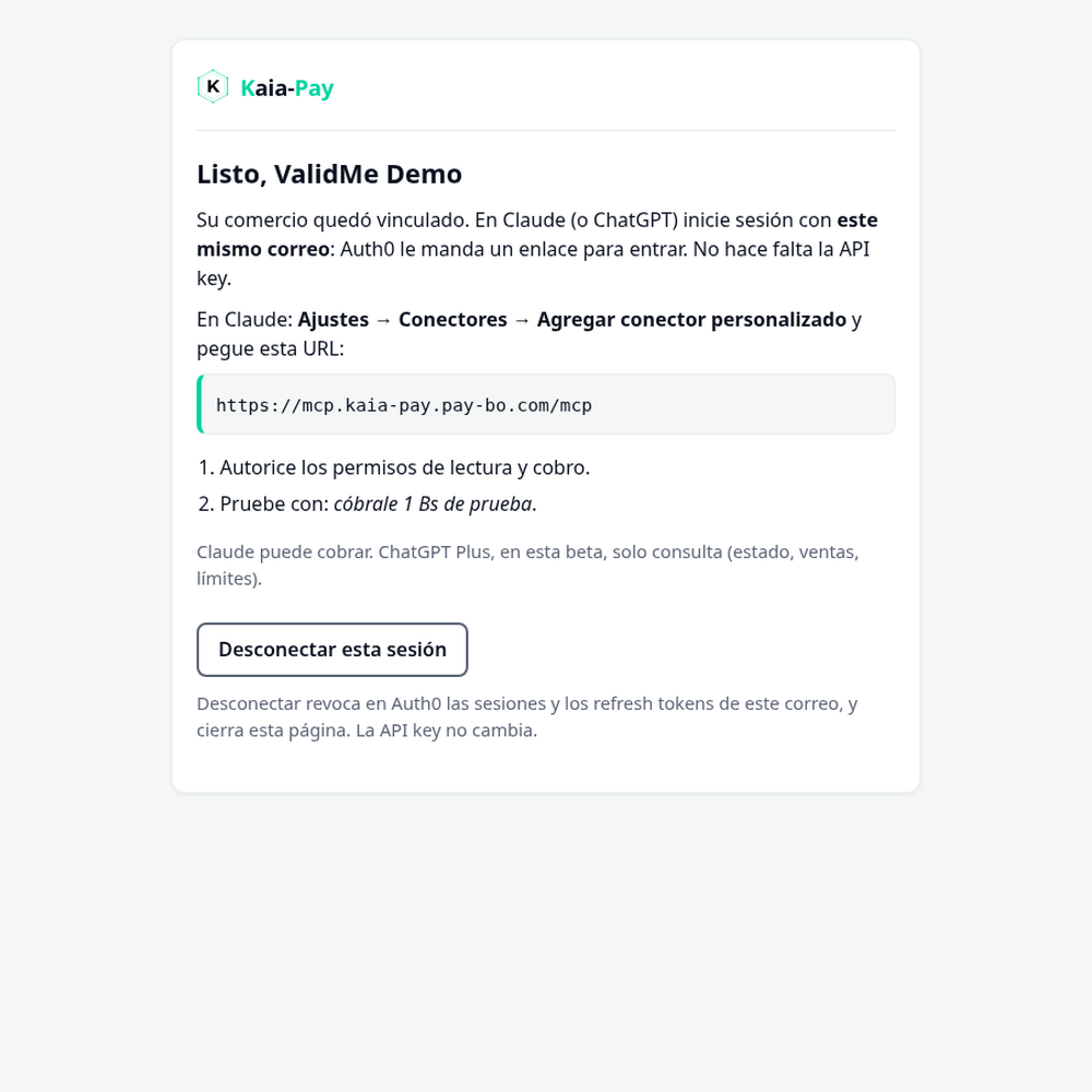 Confirmación de que Kaia-Pay quedó conectado